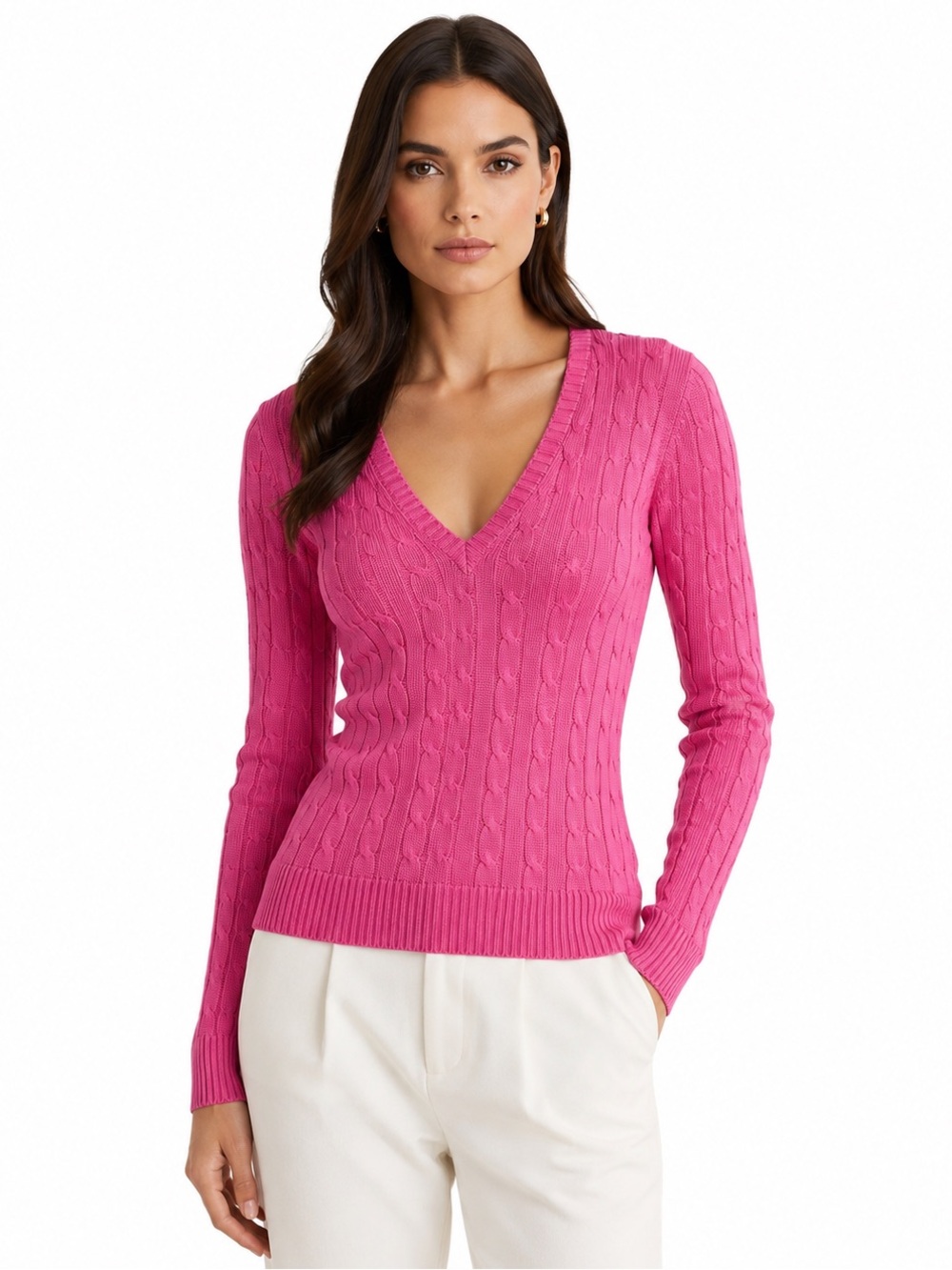 Ralph Lauren Collection Black Label 100% Silk Cable Knit V-Neck Sweater Pink